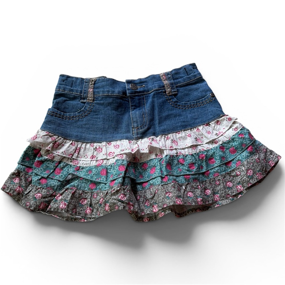 Girl Denim Ruffle Skirt 9 Pumpkin Patch layered floral cotton ruffles adjustable